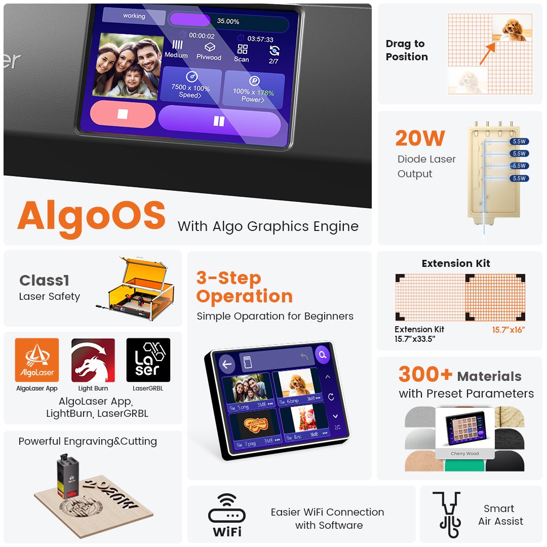 AlgoLaser Alpha MK2 20W Smart Laser Engraving Machine - view 2 AlgoLaser Alpha MK2 20W Smart Laser Engraving Machine - view 2